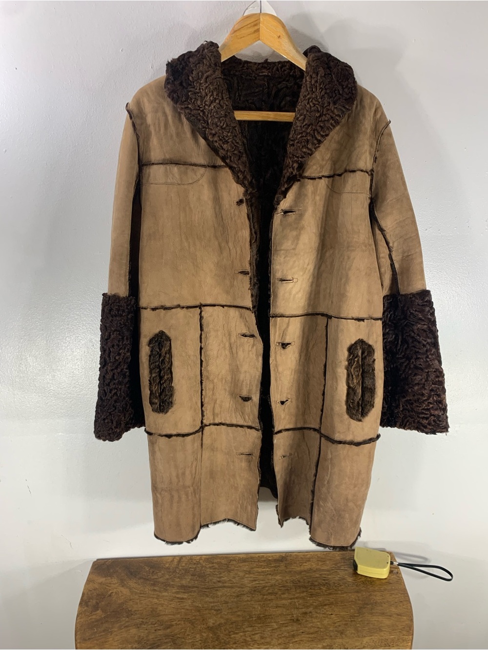Vintage Tan Brown Shearling Style Coat Dark Brown Curly Fur Lining